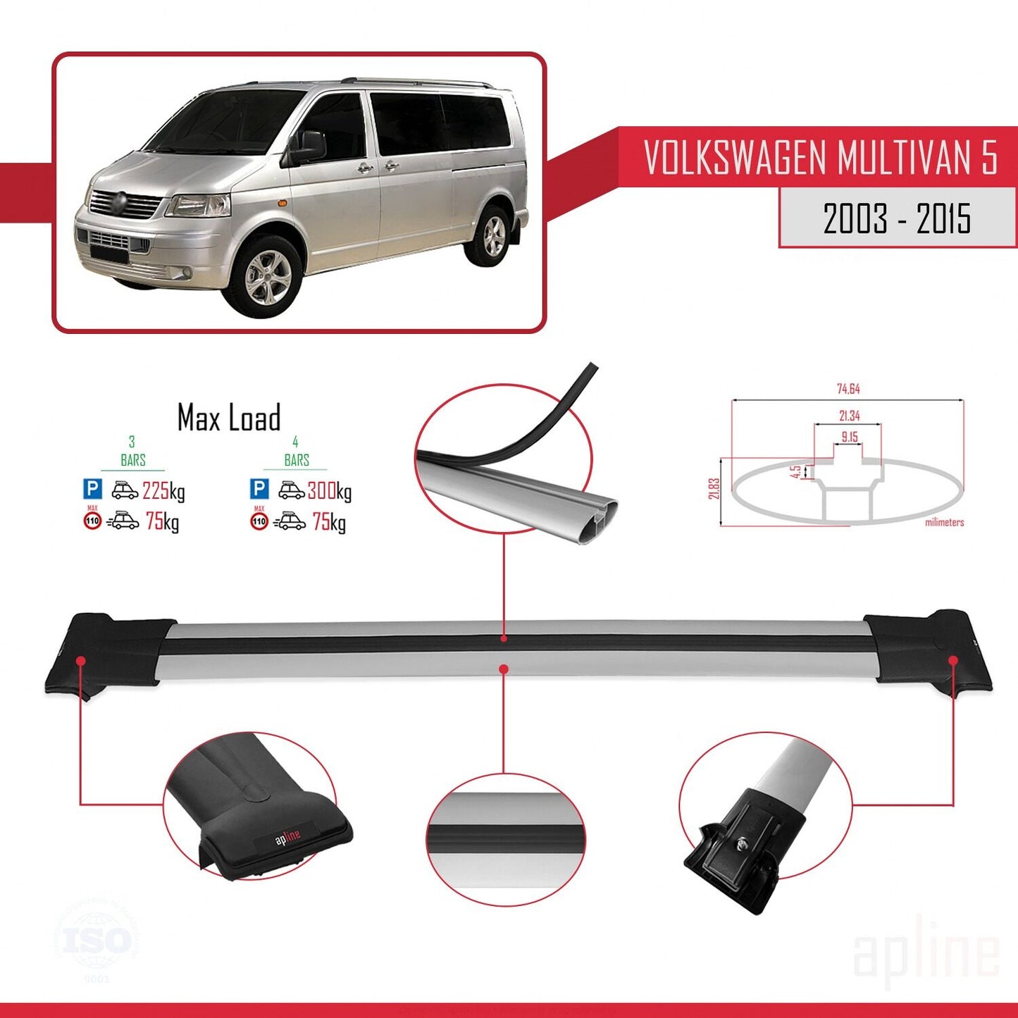 Compatible avec Volkswagen T5 Multivan 2003-2015 FLY Model Barres de Toit Railing Porte-Bagages de Voiture Gris Aluminium 3 Barres