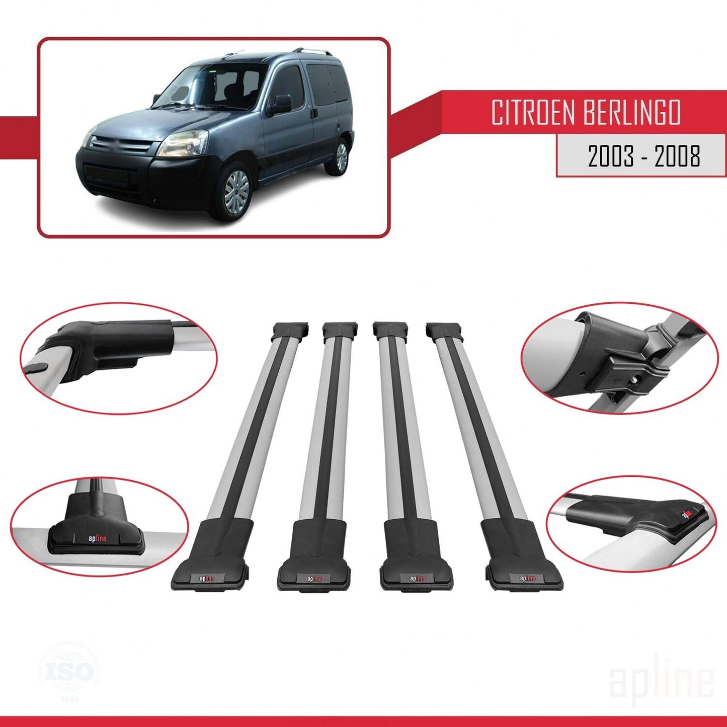 Compatibile con Citroen Berlingo (M59) 2003-2008 modello FLY Barre portatutto per auto Portapacchi in alluminio grigio 4 barre