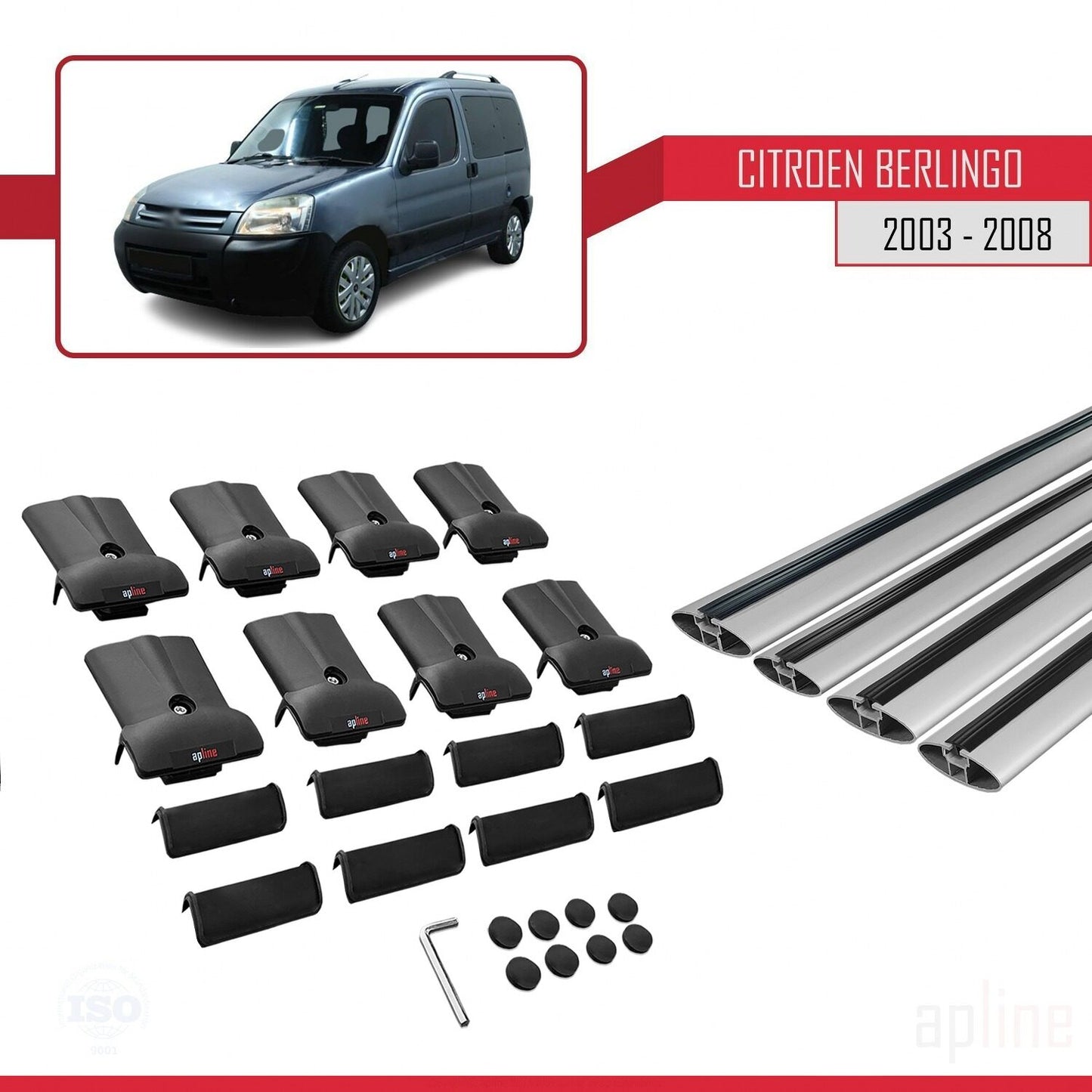 Compatibile con Citroen Berlingo (M59) 2003-2008 modello FLY Barre portatutto per auto Portapacchi in alluminio grigio 4 barre
