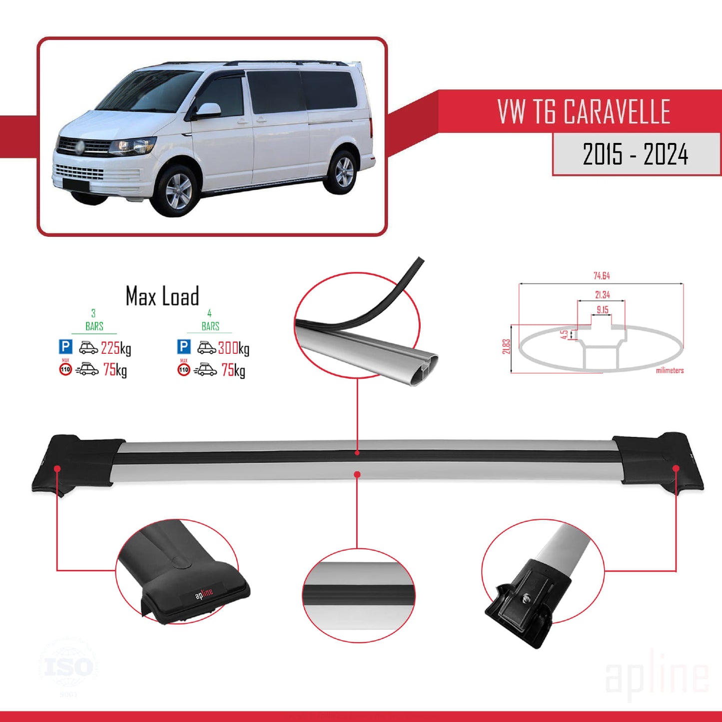 Compatible avec Volkswagen T6 Caravelle 2015-2024 FLY Model Barres de Toit Railing Porte-Bagages de Voiture Gris Aluminium 4 Barres