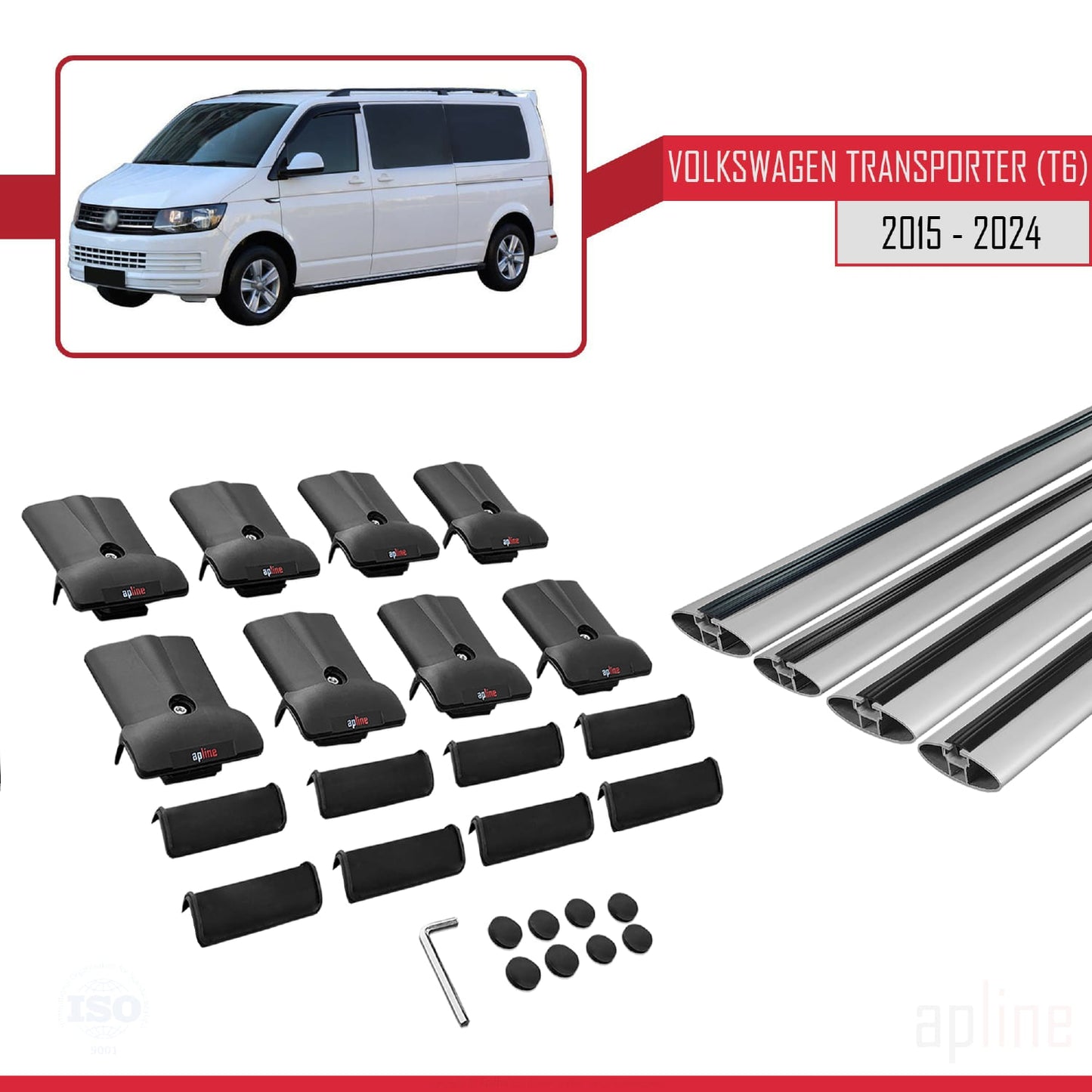 Compatible avec Volkswagen T6 Transporter 2015-2024 FLY Model Barres de Toit Railing Porte-Bagages de Voiture Gris Aluminium 4 Barres