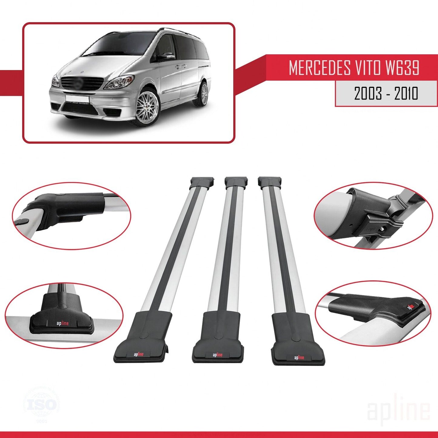 Compatible with Mercedes Vito 2 (W639) Pre-Facelift 2003-2010 FLY Model Car Roof Rack Cross Bar Grey Aluminium 3 Bars