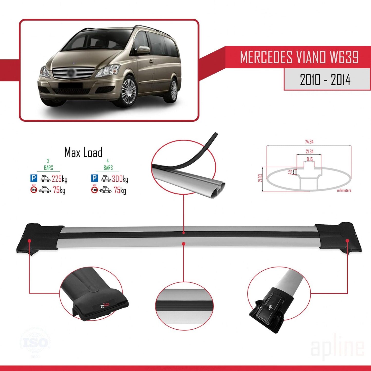 Compatible with Mercedes Viano 2 (W639) Post-Facelift 2010-2014 FLY Model Car Roof Rack Cross Bar Grey Aluminium 3 Bars
