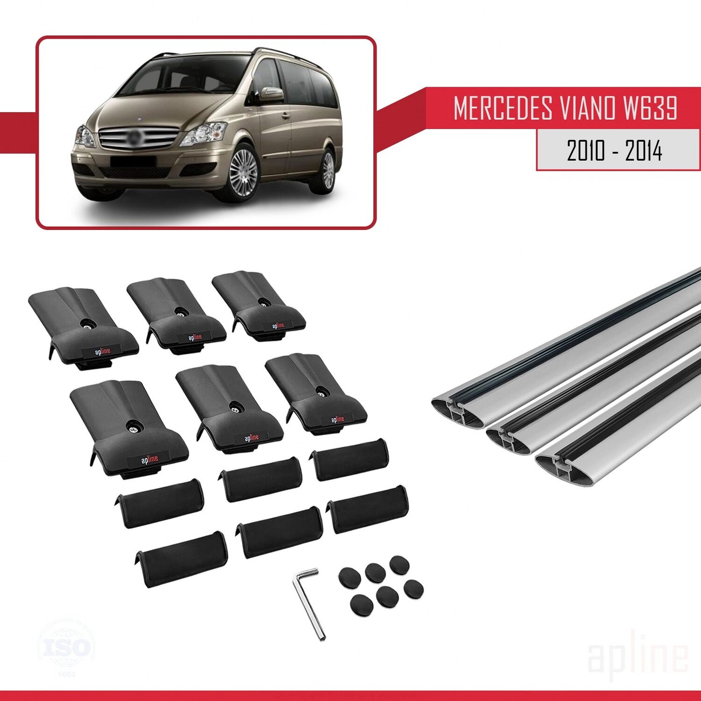 Compatible with Mercedes Viano 2 (W639) Post-Facelift 2010-2014 FLY Model Car Roof Rack Cross Bar Grey Aluminium 3 Bars