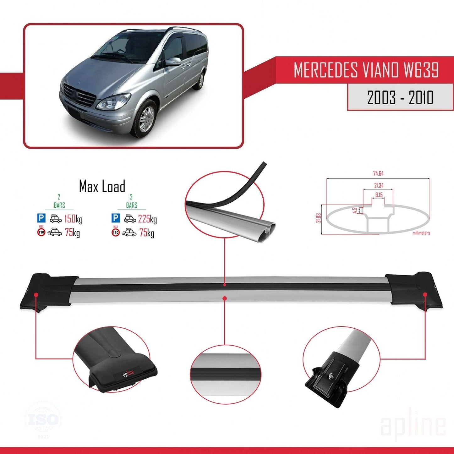 Compatible with Mercedes Viano 2 (W639) Pre-Facelift 2003-2010 FLY Model Car Roof Rack Cross Bar Grey Aluminium 2 Bars