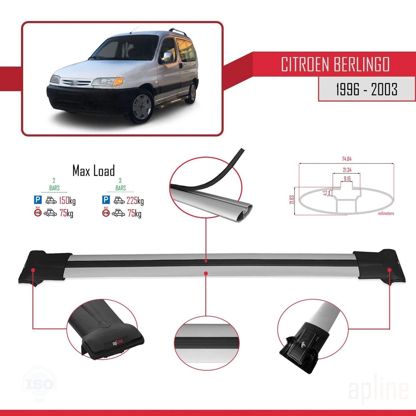 Compatibile con Citroen Berlingo (M49) 1996-2003 modello FLY Barre portatutto per auto Portapacchi in alluminio grigio 2 barre