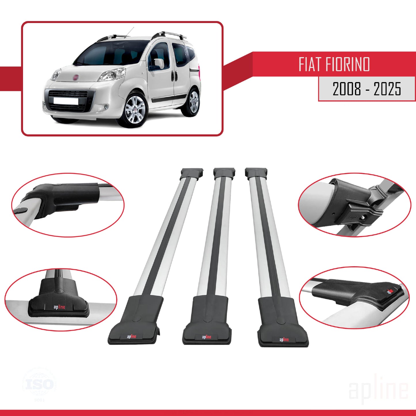 Compatibile con Fiat Fiorino 3 2008-2025 Modello FLY Barre Portatutto Railing Portapacchi Auto Alluminio Grigio 3 Barre