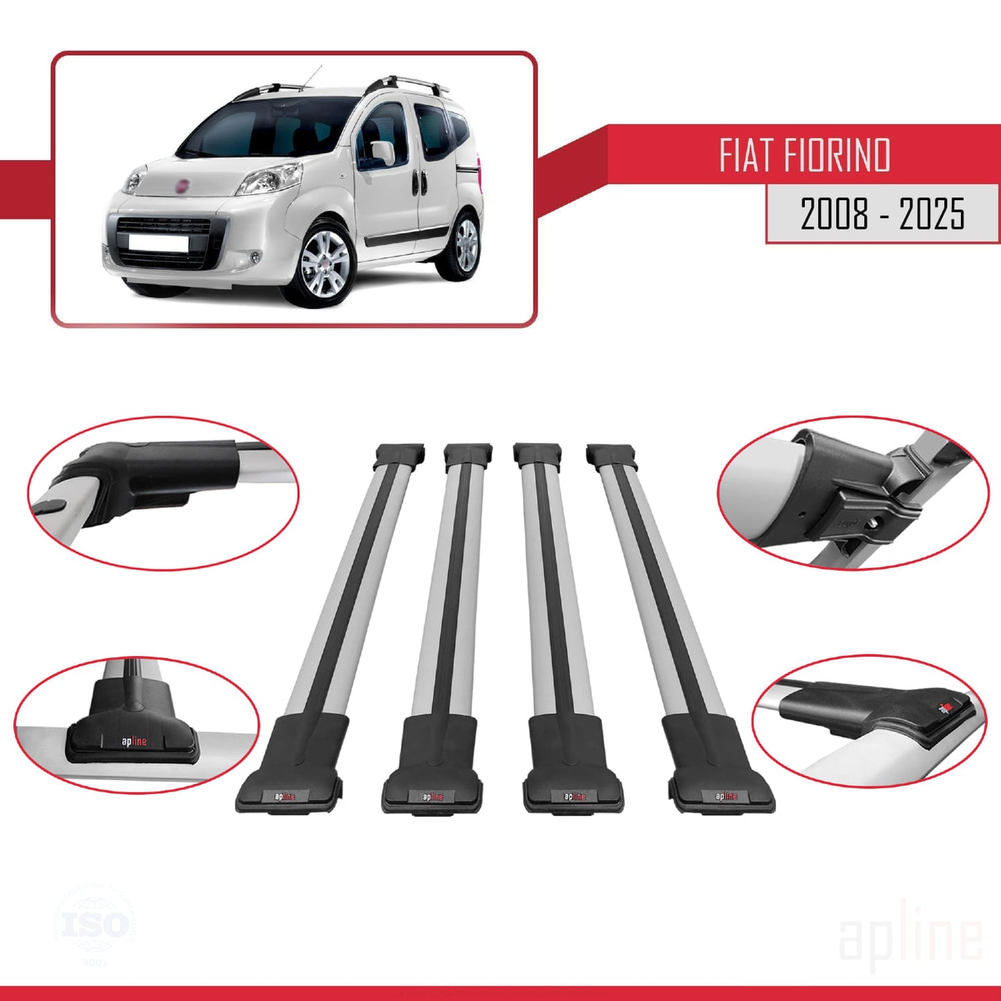 Compatibile con Fiat Fiorino 3 2008-2025 Modello FLY Barre Portatutto Railing Portapacchi Auto Alluminio Grigio 4 Barre