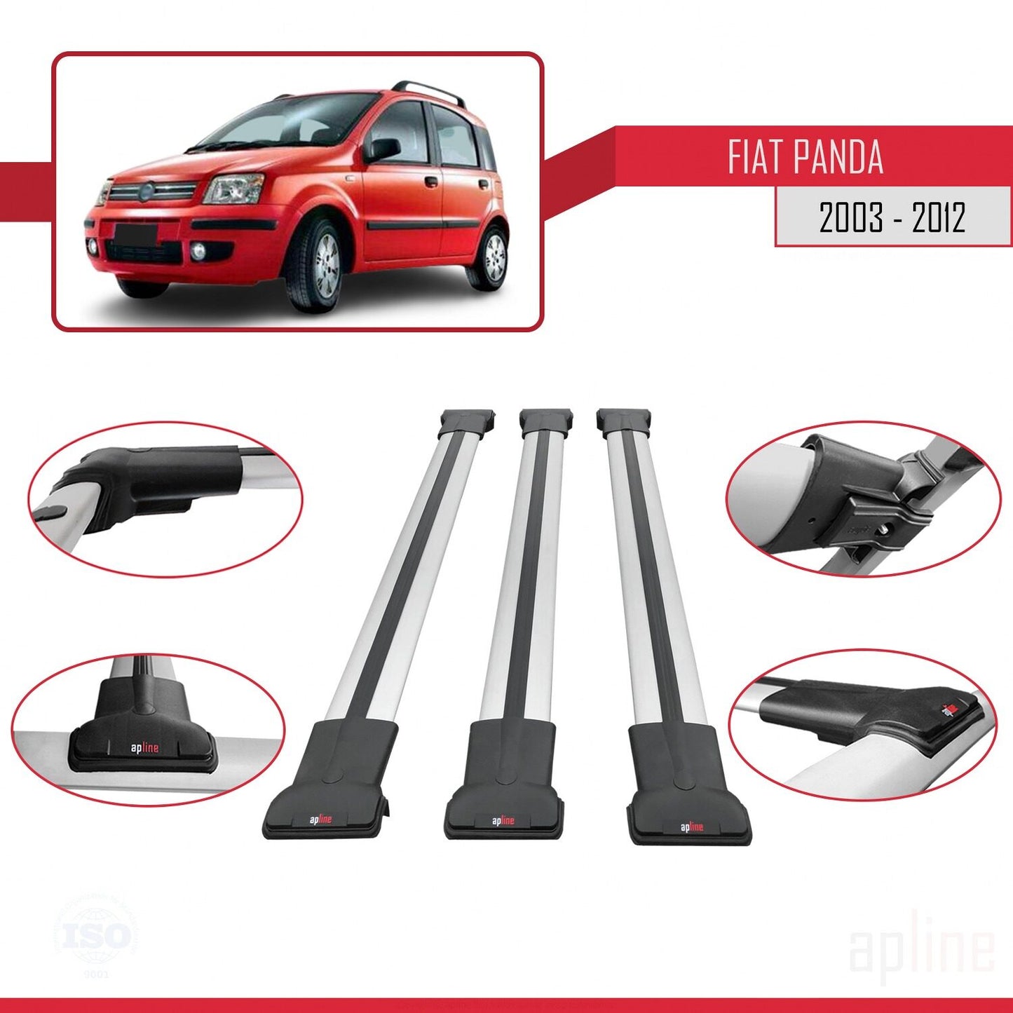 Compatibile con Fiat Panda 2 (169) 2003-2012 Modello FLY Barre Portatutto Railing Portapacchi Auto Alluminio Grigio 3 Barre