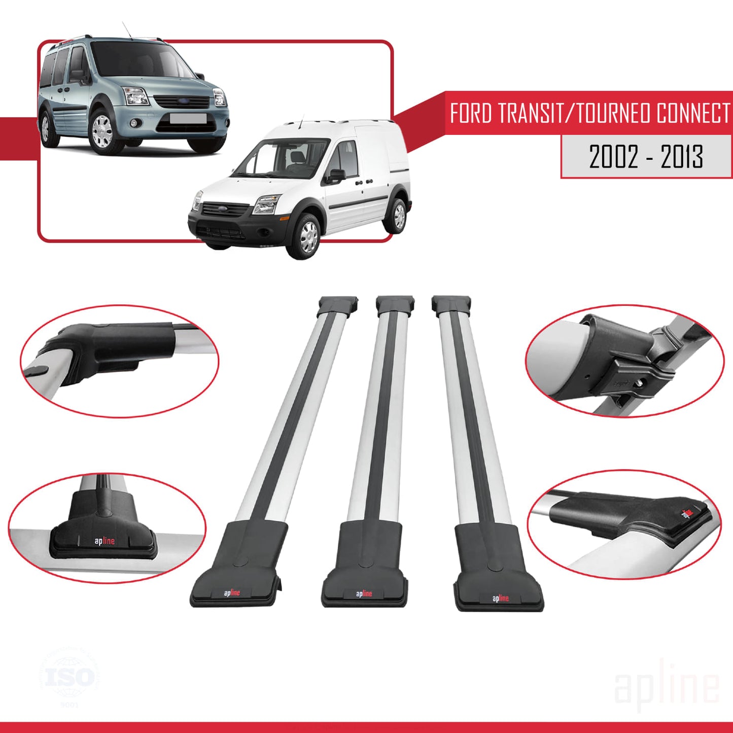Compatibile con Ford Transit/Tourneo Connect 2002-2013 modello FLY Barre portatutto per auto Portapacchi in alluminio grigio 3 barre