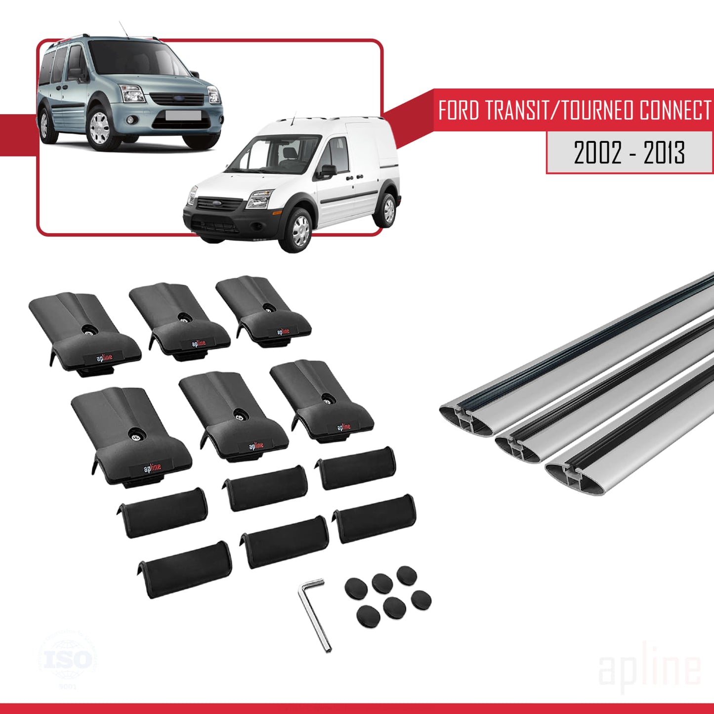 Compatibile con Ford Transit/Tourneo Connect 2002-2013 modello FLY Barre portatutto per auto Portapacchi in alluminio grigio 3 barre