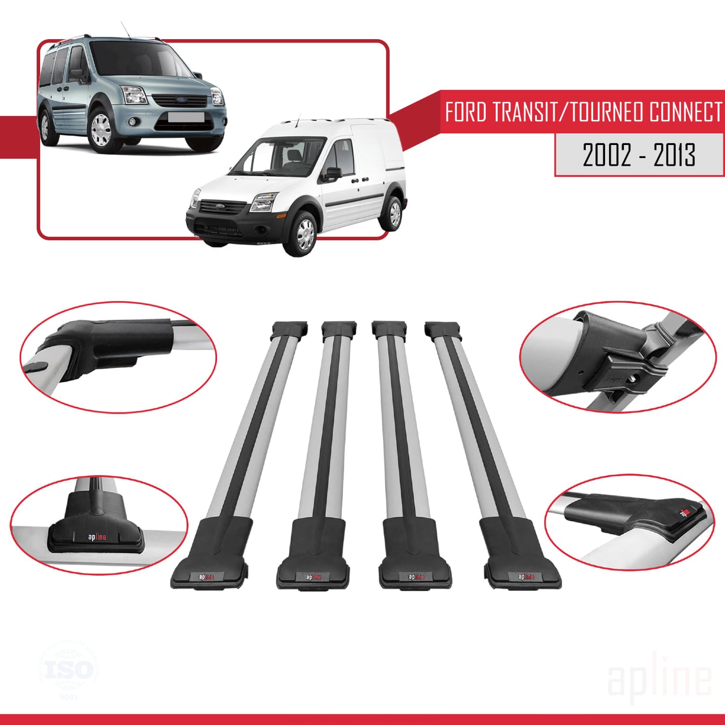 Compatibile con Ford Transit/Tourneo Connect 2002-2013 modello FLY Barre portatutto per auto Portapacchi in alluminio grigio 4 barre
