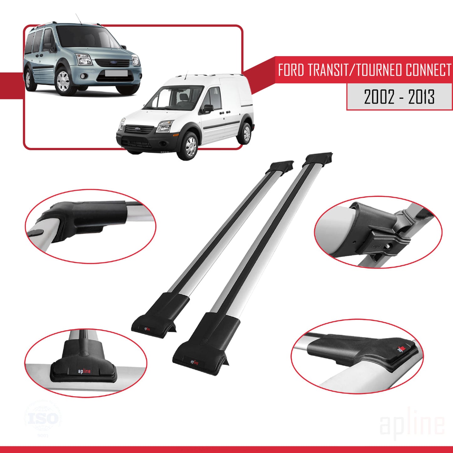 Compatibile con Ford Transit/Tourneo Connect 2002-2013 modello FLY Barre portatutto per auto Portapacchi in alluminio grigio 2 barre