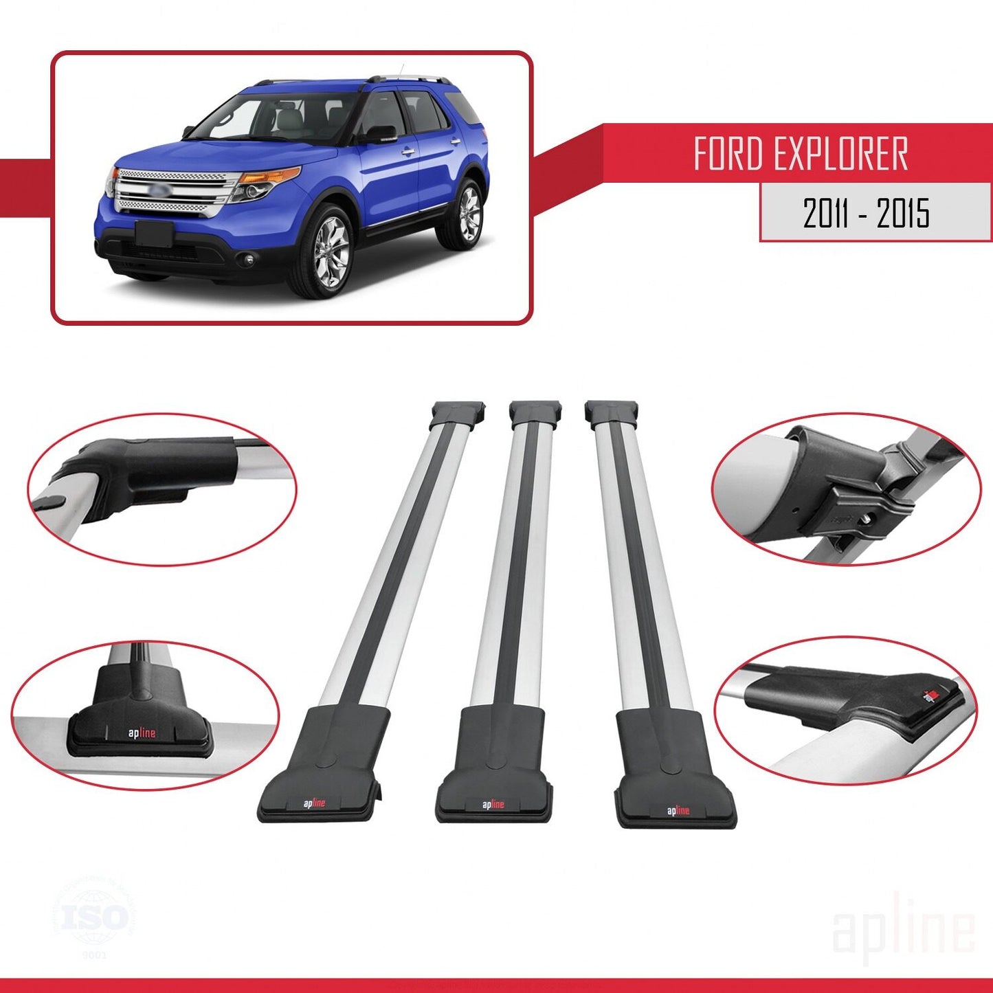 Compatibile con Ford Explorer 5 (U502) Pre-Facelift 2011-2015 Modello FLY Barre portatutto per auto Portapacchi in alluminio grigio 3 barre