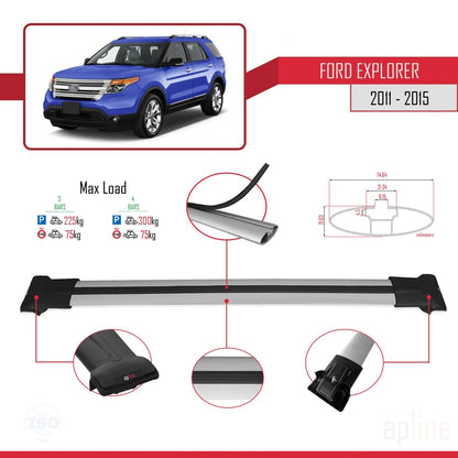 Compatibile con Ford Explorer 5 (U502) Pre-Facelift 2011-2015 Modello FLY Barre portatutto per auto Portapacchi in alluminio grigio 4 barre
