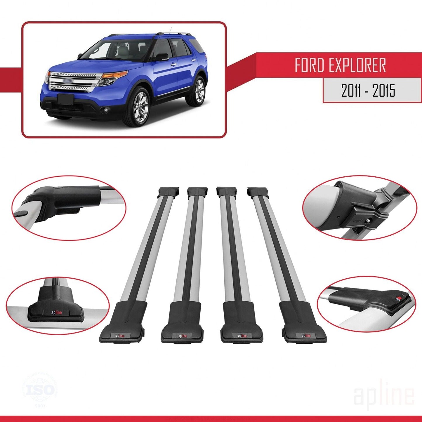 Compatibile con Ford Explorer 5 (U502) Pre-Facelift 2011-2015 Modello FLY Barre portatutto per auto Portapacchi in alluminio grigio 4 barre