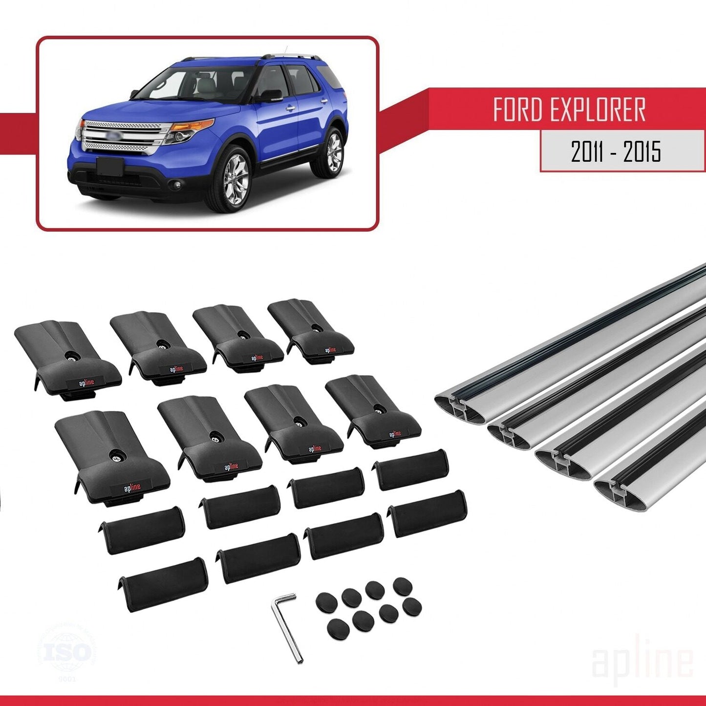 Compatibile con Ford Explorer 5 (U502) Pre-Facelift 2011-2015 Modello FLY Barre portatutto per auto Portapacchi in alluminio grigio 4 barre