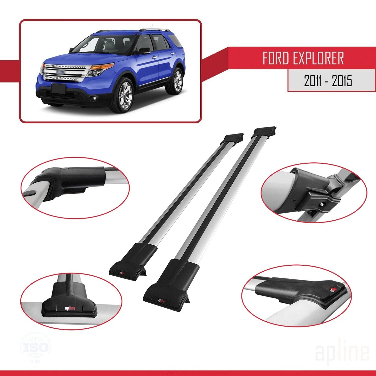 Compatibile con Ford Explorer 5 (U502) Pre-Facelift 2011-2015 Modello FLY Barre portatutto per auto Portapacchi in alluminio grigio 2 barre