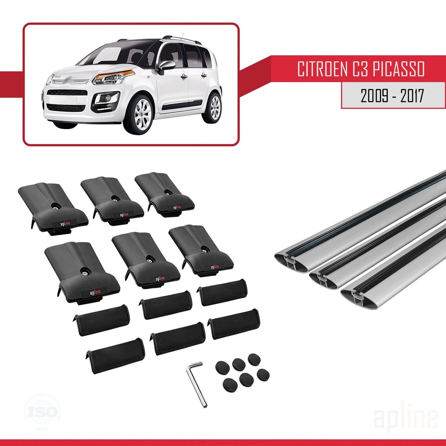 Compatible with Citroen C3 Picasso 2009-2017 FLY Model Car Roof Rack Cross Bar Grey Aluminium 3 Bars