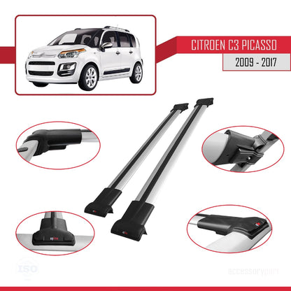 Compatible with Citroen C3 Picasso 2009-2017 FLY Model Car Roof Rack Cross Bar Grey Aluminium 2 Bars