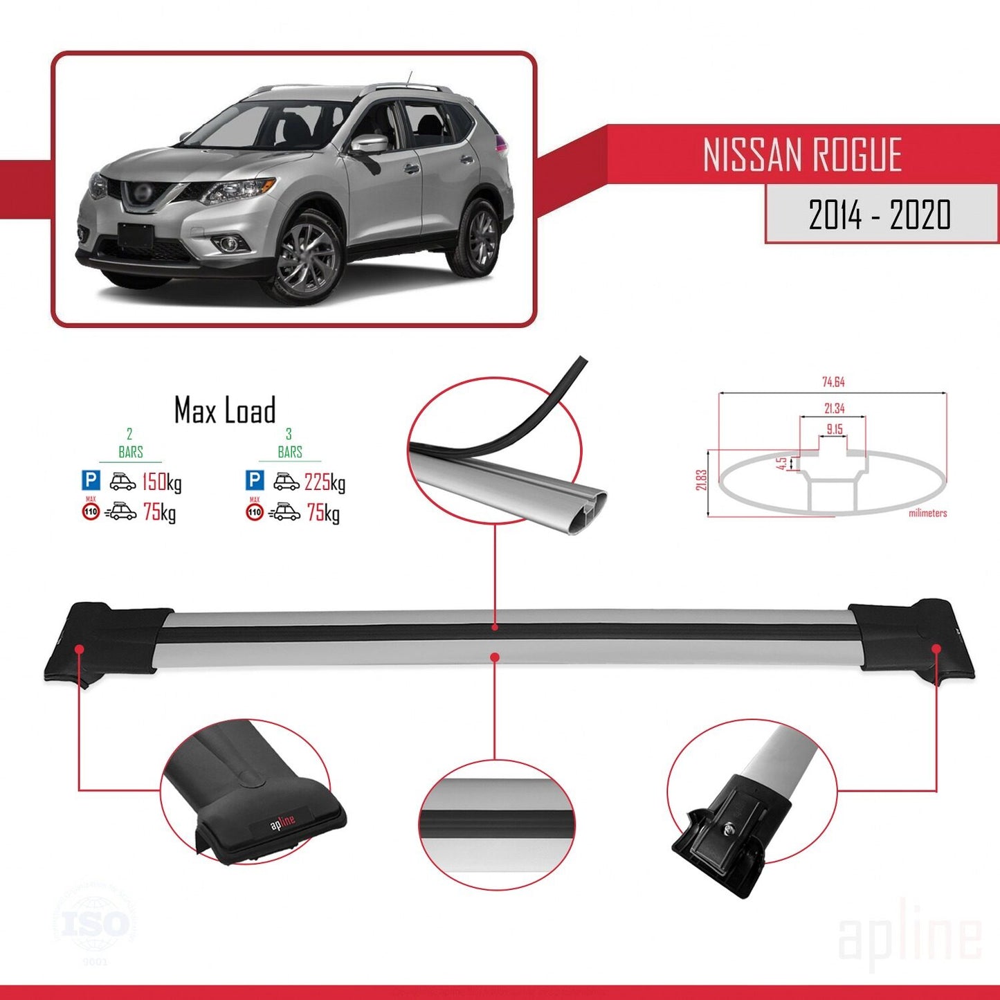 Compatibile con Nissan Rogue 2 (T32) 2014-2020 FLY Model Barre Tetto Portapacchi Auto Barre Portatutto Grigo Alluminio 2 Barre