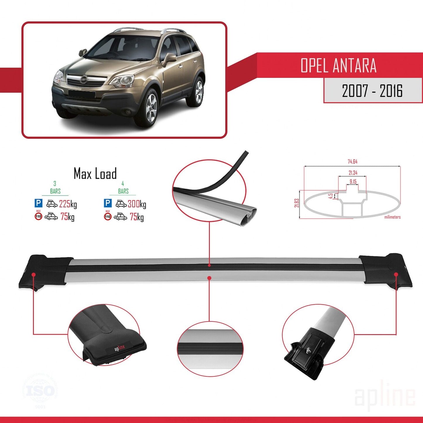Compatible avec Opel Antara 2007-2016 FLY Model Barres de Toit Railing Porte-Bagages de Voiture Gris Aluminium 3 Barres