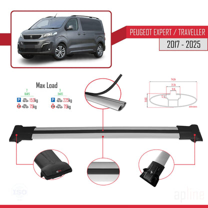 Compatible with Peugeot Expert 3 Traveller 2017-2025 FLY Model Car Roof Rack Cross Bar Grey Aluminium 2 Bars