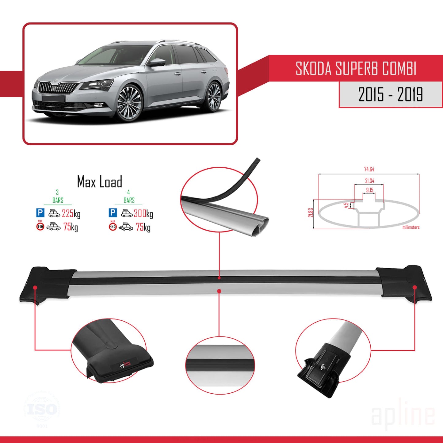 Compatible avec Skoda Superb 3 (3V) Break Pre-Facelift 2015-2019 FLY Model Barres de Toit Railing Porte-Bagages de Voiture Gris Aluminium 3 Barres