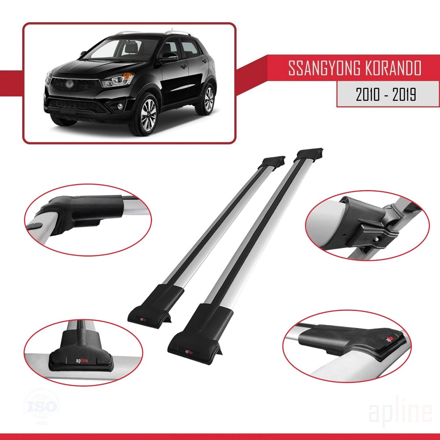 Compatible avec Ssangyong Korando 3 (C200) 2010-2019 FLY Model Barres de Toit Railing Porte-Bagages de Voiture Gris Aluminium 2 Barres