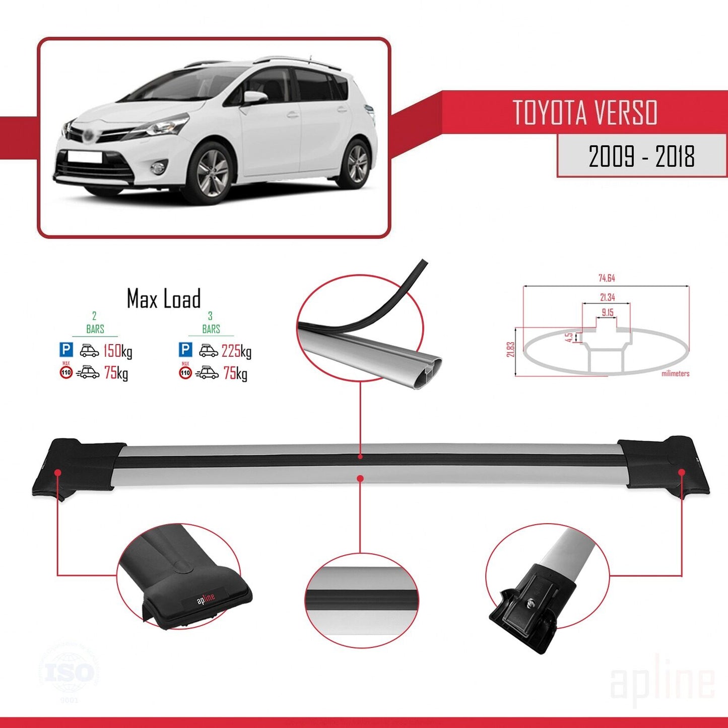 Compatible avec Toyota Verso (AR20) 2009-2018 FLY Model Barres de Toit Railing Porte-Bagages de Voiture Gris Aluminium 2 Barres