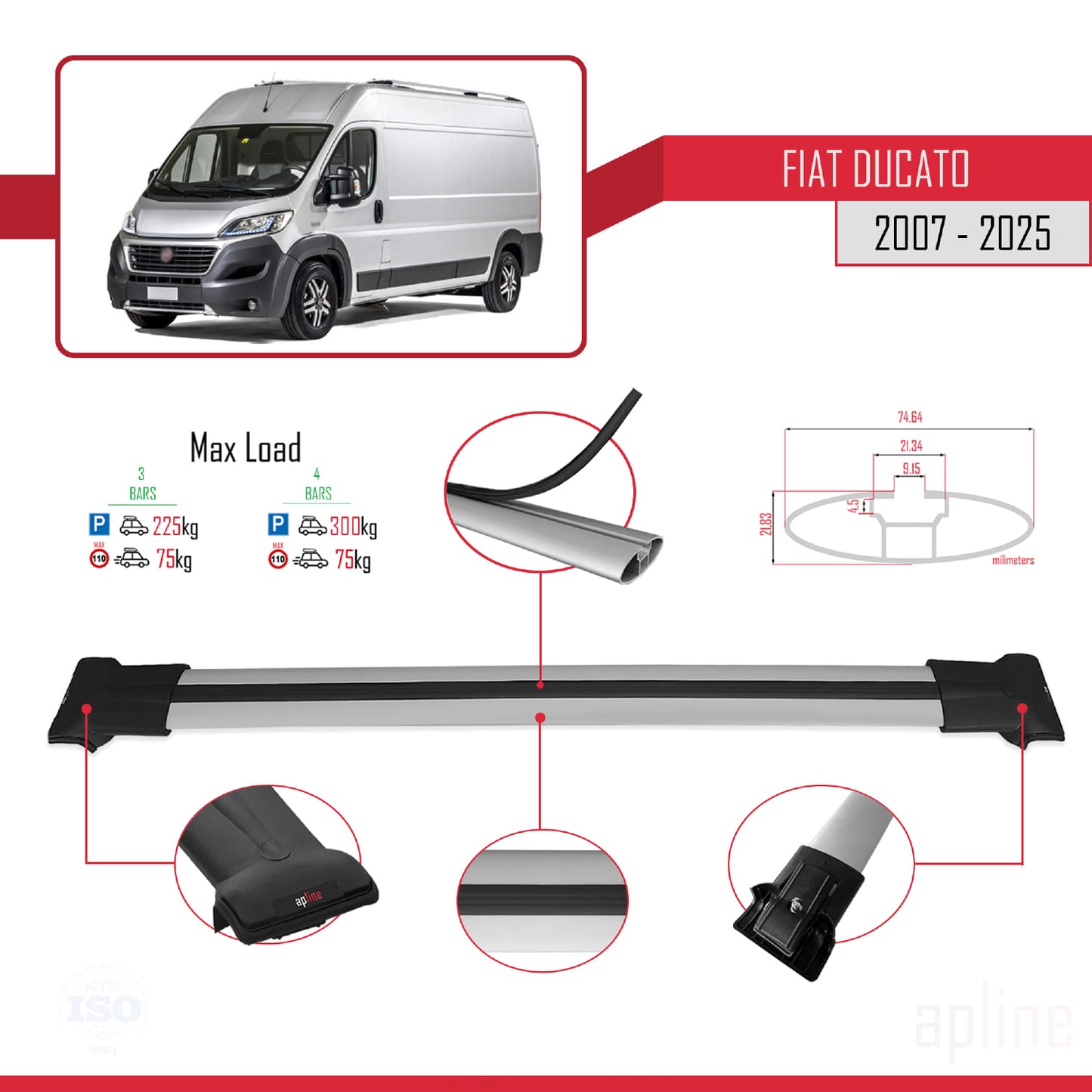 Compatibile con Fiat Ducato 3 2007-2025 Modello FLY Barre Portatutto Railing Portapacchi Auto Alluminio Grigio 3 Barre