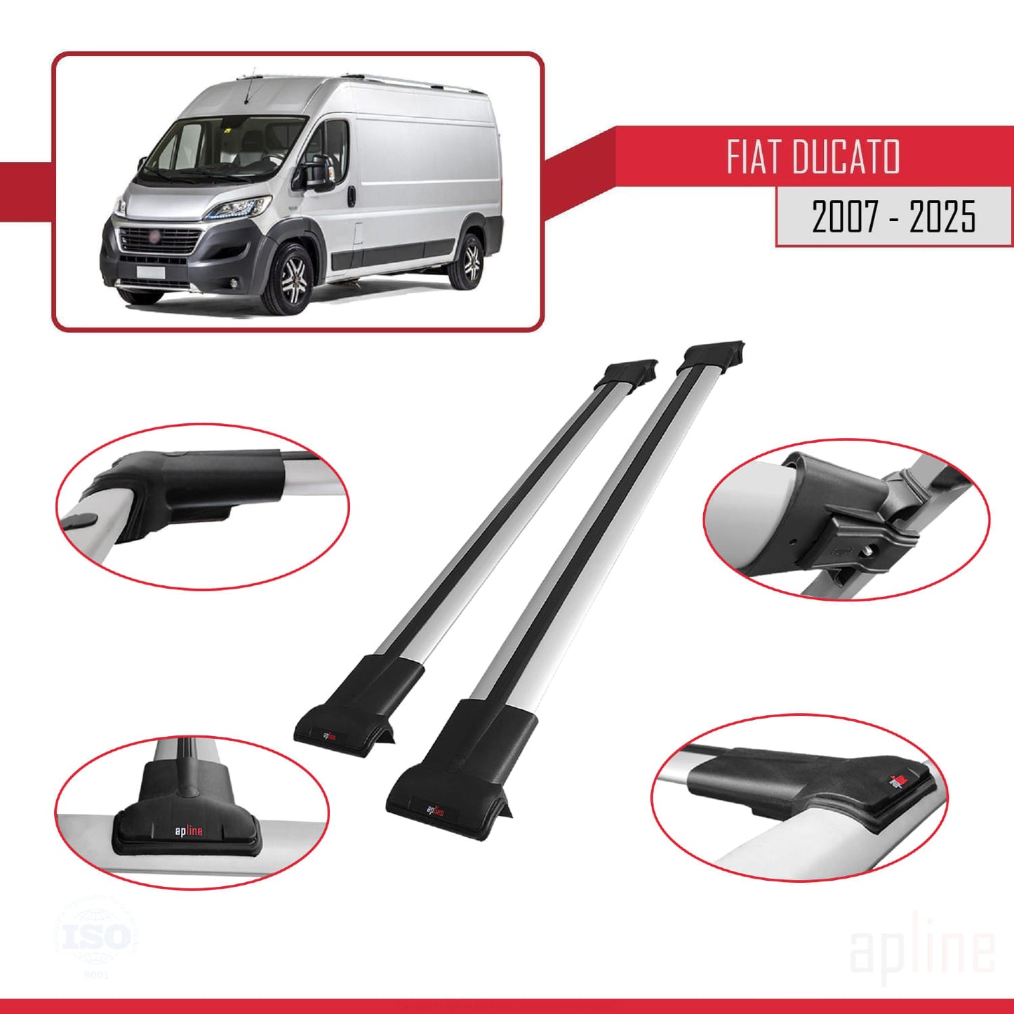 Compatibile con Fiat Ducato 3 2007-2025 Modello FLY Barre Portatutto Railing Portapacchi Auto Alluminio Grigio 2 Barre