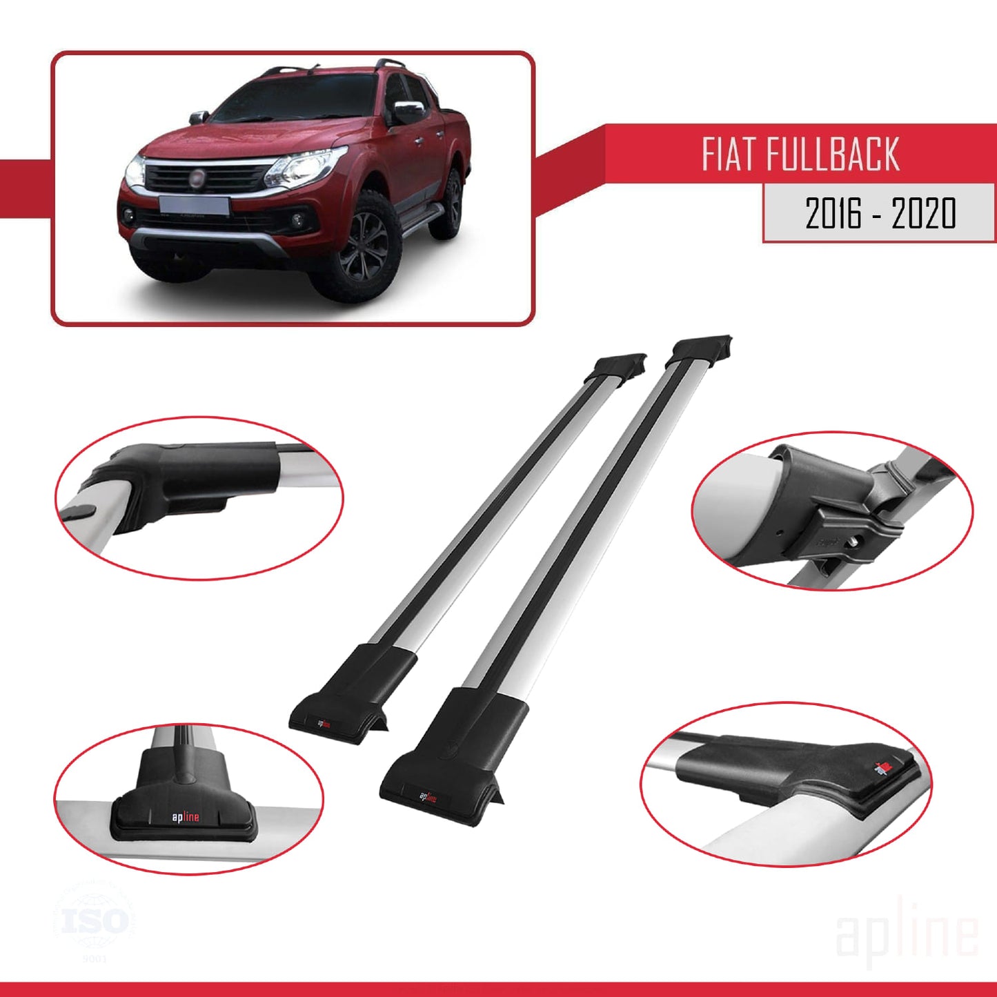 Compatibile con Fiat Fullback 2016-2020 Modello FLY Barre Portatutto Railing Portapacchi Auto Alluminio Grigio 2 Barre