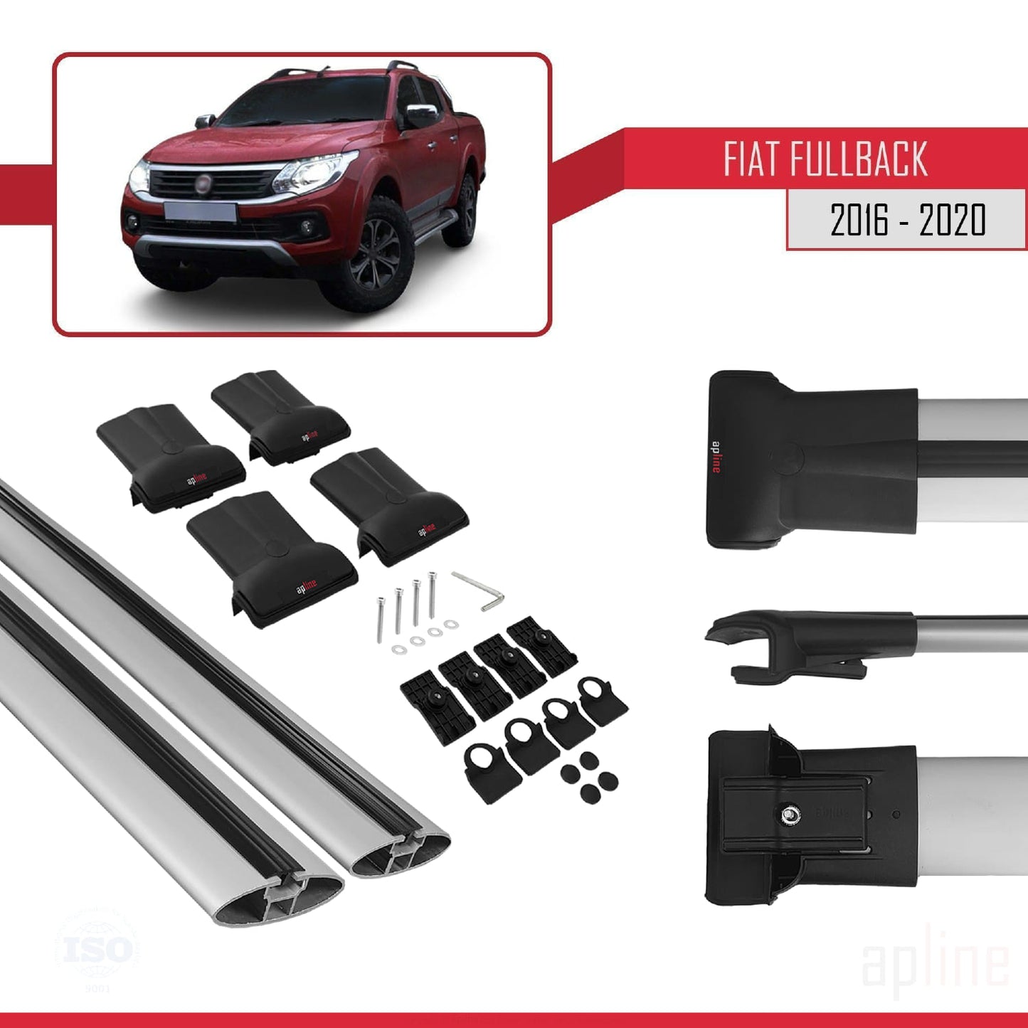 Compatibile con Fiat Fullback 2016-2020 Modello FLY Barre Portatutto Railing Portapacchi Auto Alluminio Grigio 2 Barre