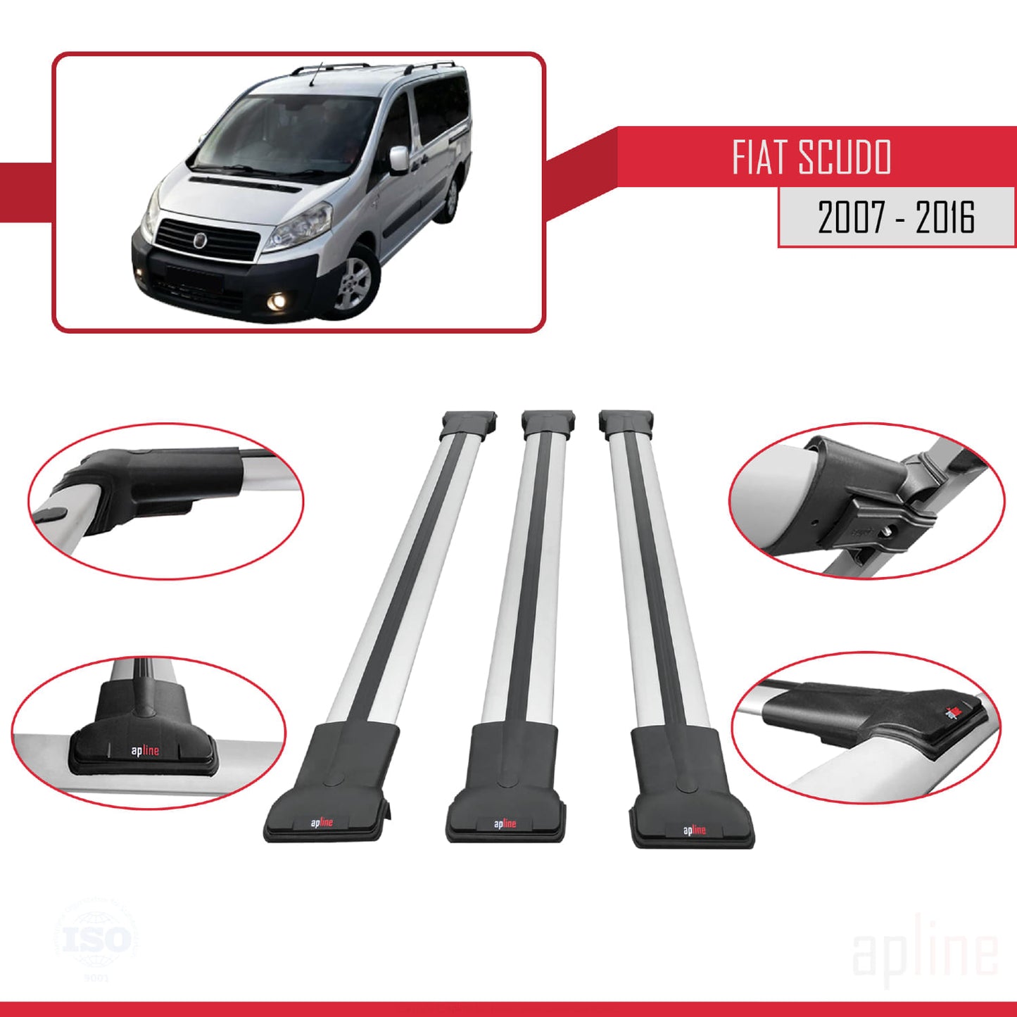 Compatibile con Fiat Scudo 2 2007-2016 Modello FLY Barre Portatutto Railing Portapacchi Auto Alluminio Grigio 3 Barre