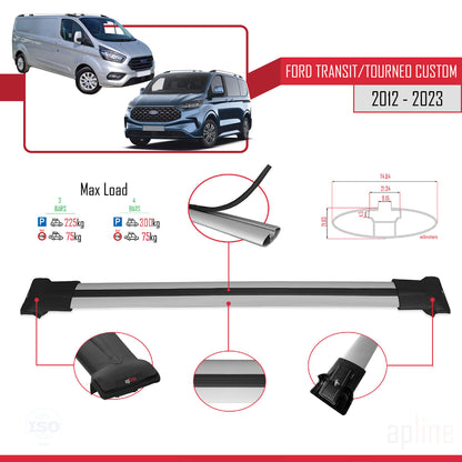 Compatibile con Ford Transit/Tourneo Custom 2012-2023 modello FLY Barre portatutto per auto Portapacchi in alluminio grigio 3 barre