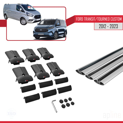 Compatibile con Ford Transit/Tourneo Custom 2012-2023 modello FLY Barre portatutto per auto Portapacchi in alluminio grigio 3 barre
