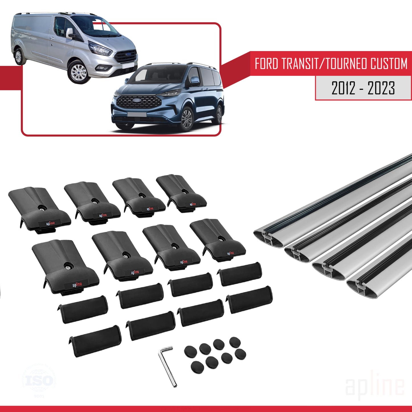 Compatibile con Ford Transit/Tourneo Custom 2012-2023 modello FLY Barre portatutto per auto Portapacchi in alluminio grigio 4 barre
