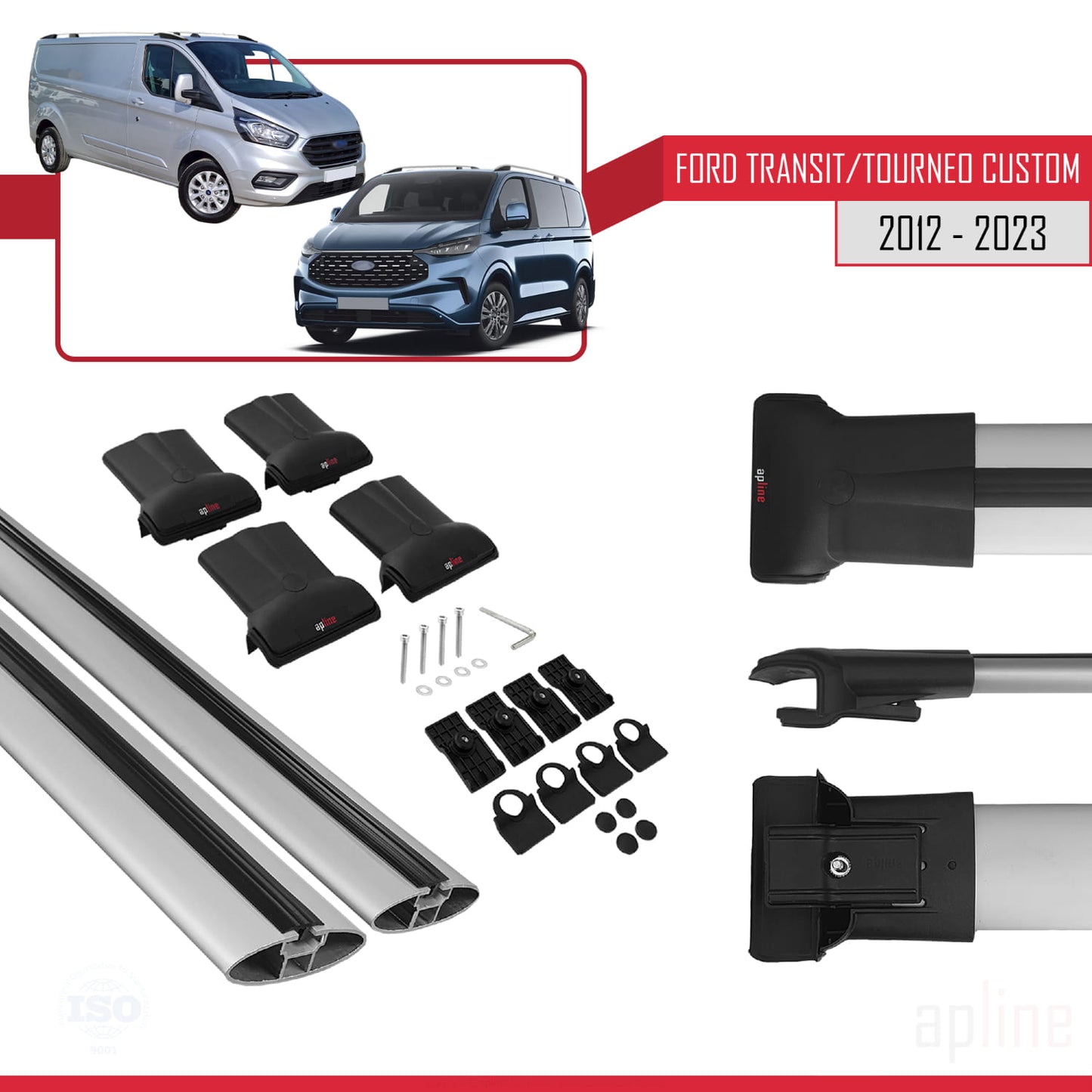 Compatibile con Ford Transit/Tourneo Custom 2012-2023 modello FLY Barre portatutto per auto Portapacchi in alluminio grigio 2 barre