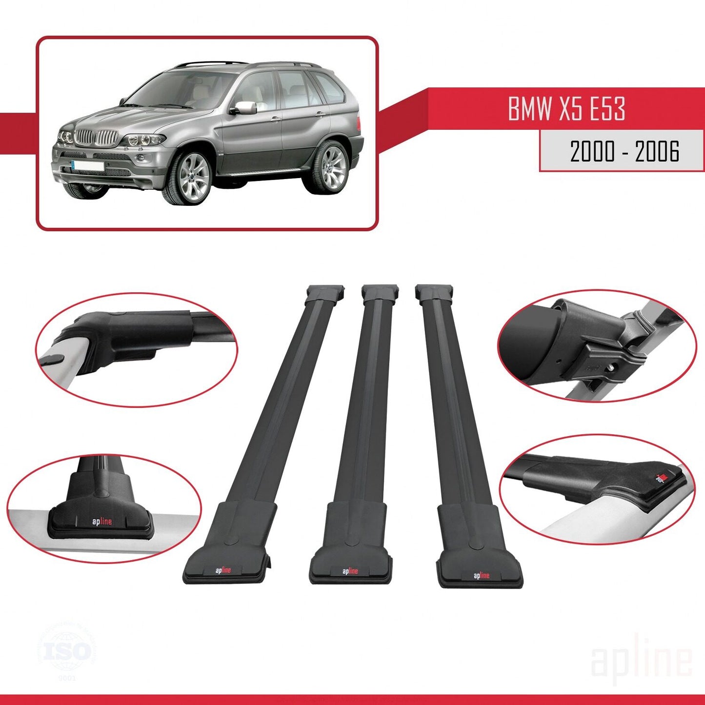 Compatibile con BMW X5 (E53) 2000-2006 modello FLY Barre portatutto per auto Portapacchi in alluminio nero 3 barre