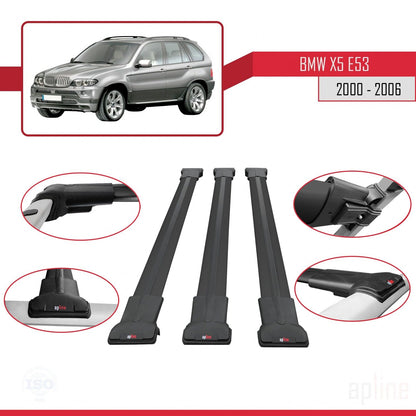 Compatibile con BMW X5 (E53) 2000-2006 modello FLY Barre portatutto per auto Portapacchi in alluminio nero 3 barre