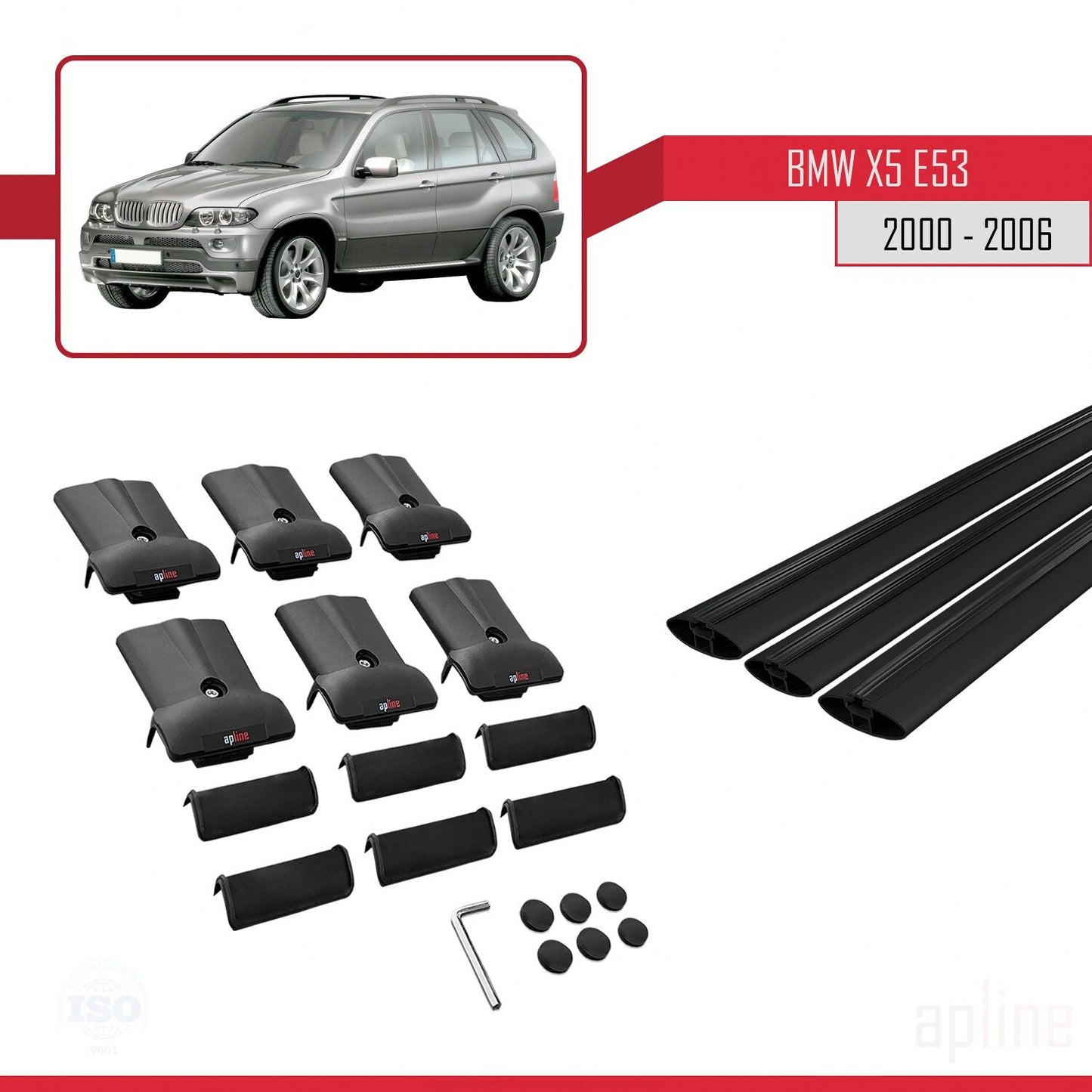 Compatibile con BMW X5 (E53) 2000-2006 modello FLY Barre portatutto per auto Portapacchi in alluminio nero 3 barre