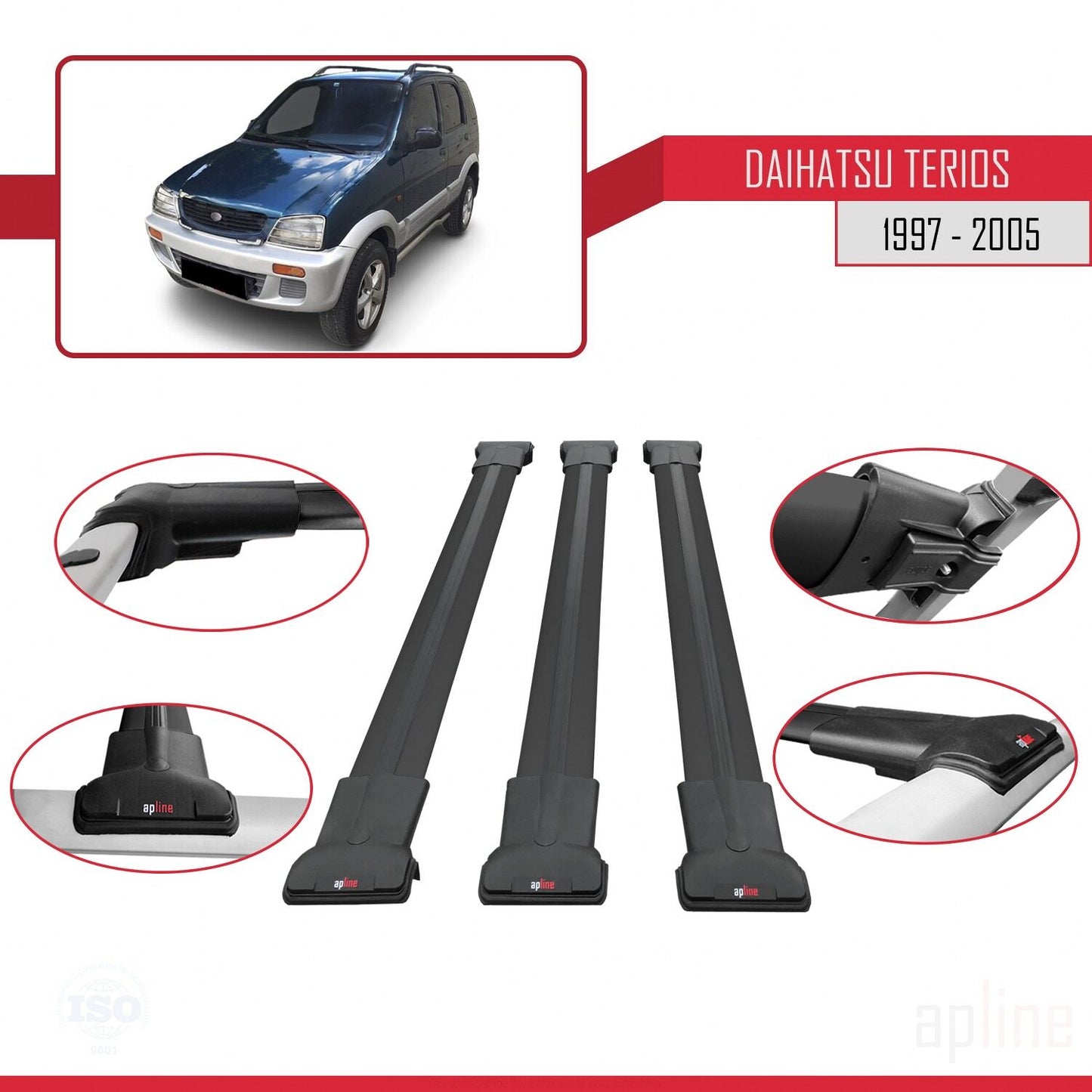 Compatibile con Daihatsu Terios (J100) 1997-2005 modello FLY Barre portatutto per auto Portapacchi in alluminio nero 3 barre