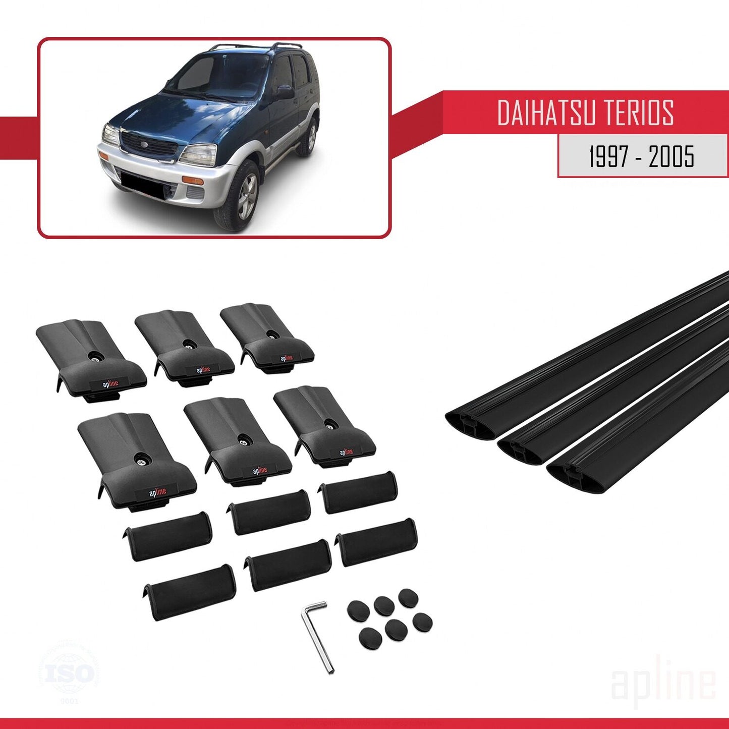 Compatibile con Daihatsu Terios (J100) 1997-2005 modello FLY Barre portatutto per auto Portapacchi in alluminio nero 3 barre