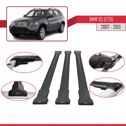 Compatibile con BMW X5 (E70) 2007-2013 modello FLY Barre portatutto per auto Portapacchi in alluminio nero 3 barre