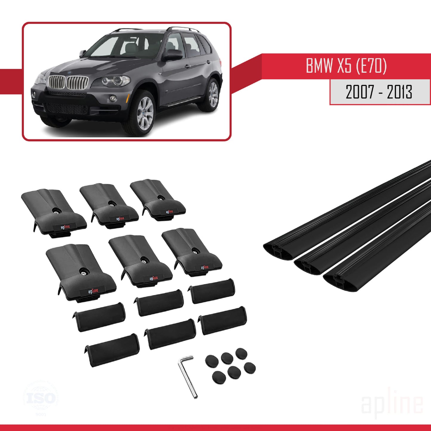 Compatibile con BMW X5 (E70) 2007-2013 modello FLY Barre portatutto per auto Portapacchi in alluminio nero 3 barre