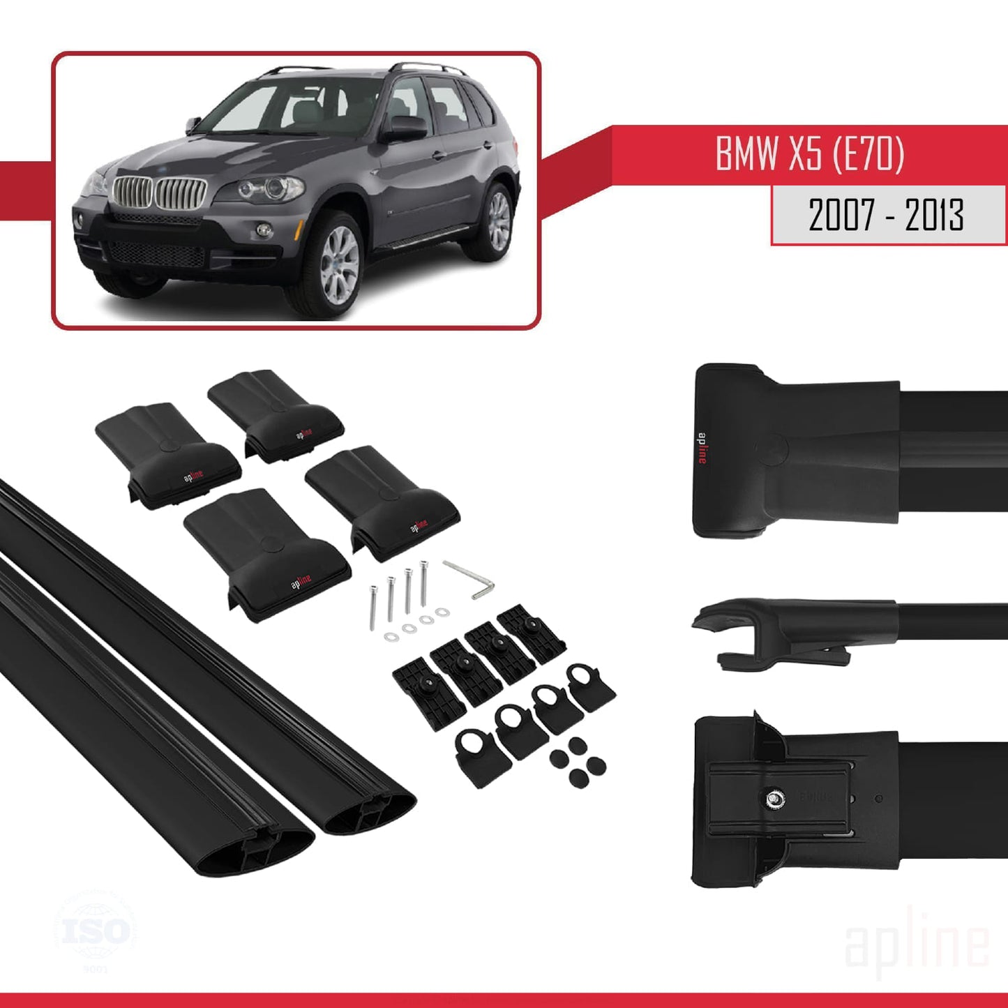 Compatibile con BMW X5 (E70) 2007-2013 modello FLY Barre portatutto per auto Portapacchi in alluminio nero 2 barre