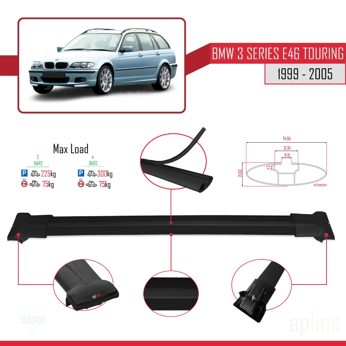 Compatibile con BMW Serie 3 (E46) Touring 1999-2005 modello FLY Barre portatutto per auto Portapacchi in alluminio nero 3 barre