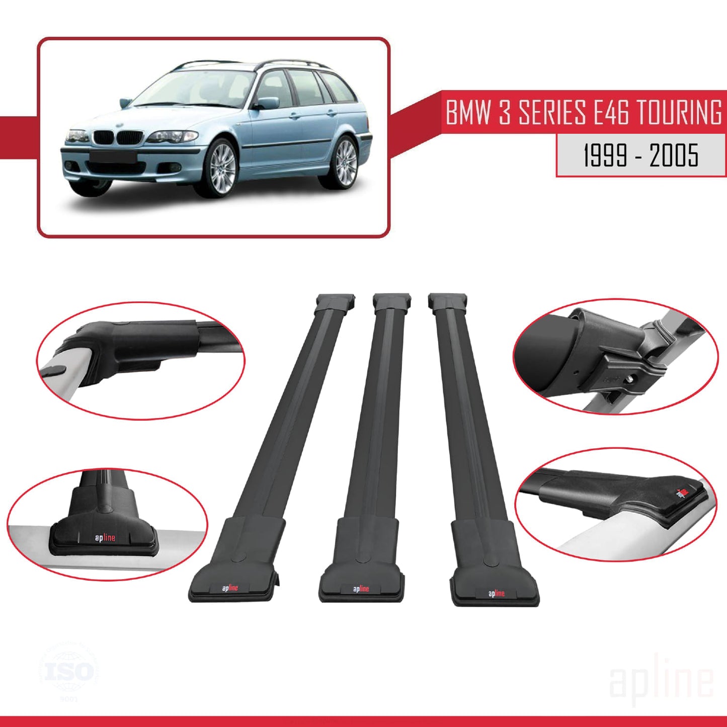 Compatibile con BMW Serie 3 (E46) Touring 1999-2005 modello FLY Barre portatutto per auto Portapacchi in alluminio nero 3 barre