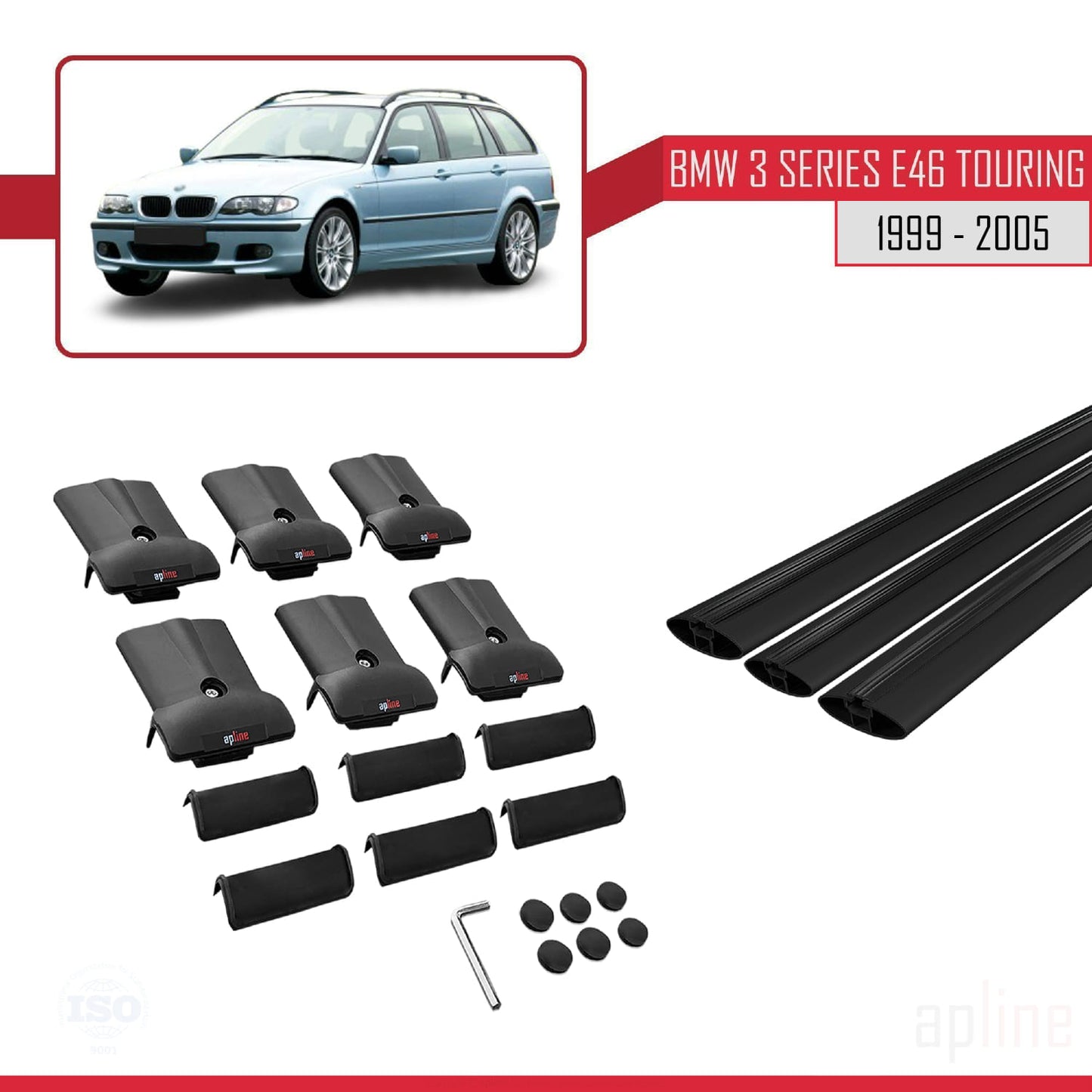 Compatibile con BMW Serie 3 (E46) Touring 1999-2005 modello FLY Barre portatutto per auto Portapacchi in alluminio nero 3 barre